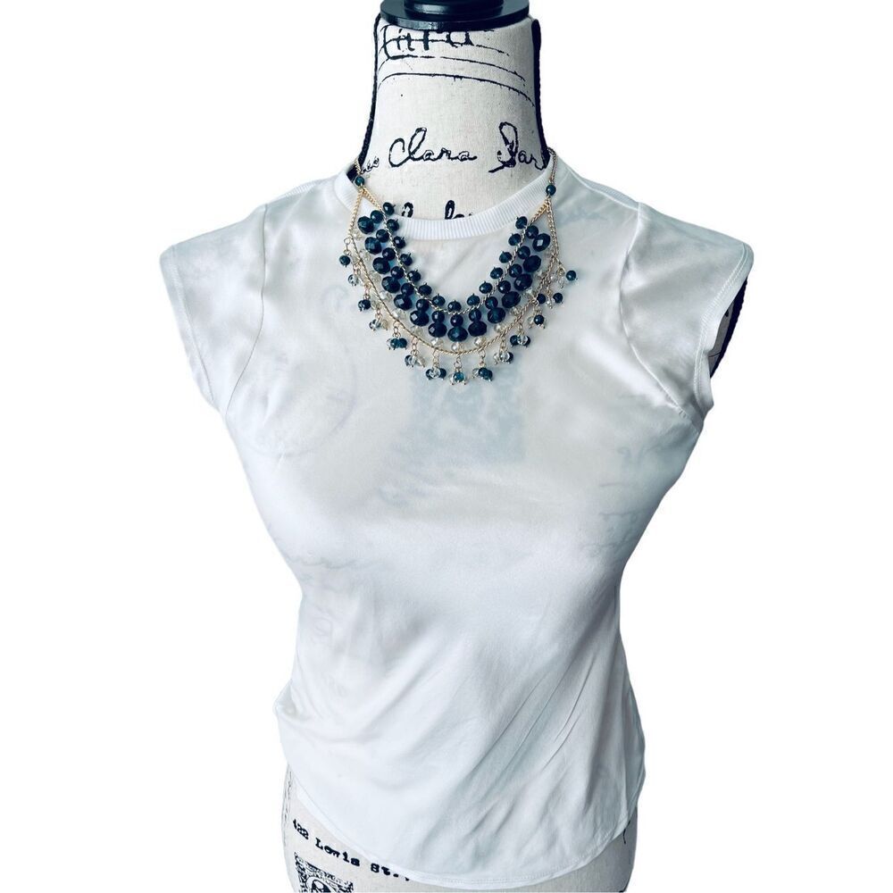 Chico’s Statement Bib Necklace 18” in Blue and Clear Beads with Goldtone NWOT